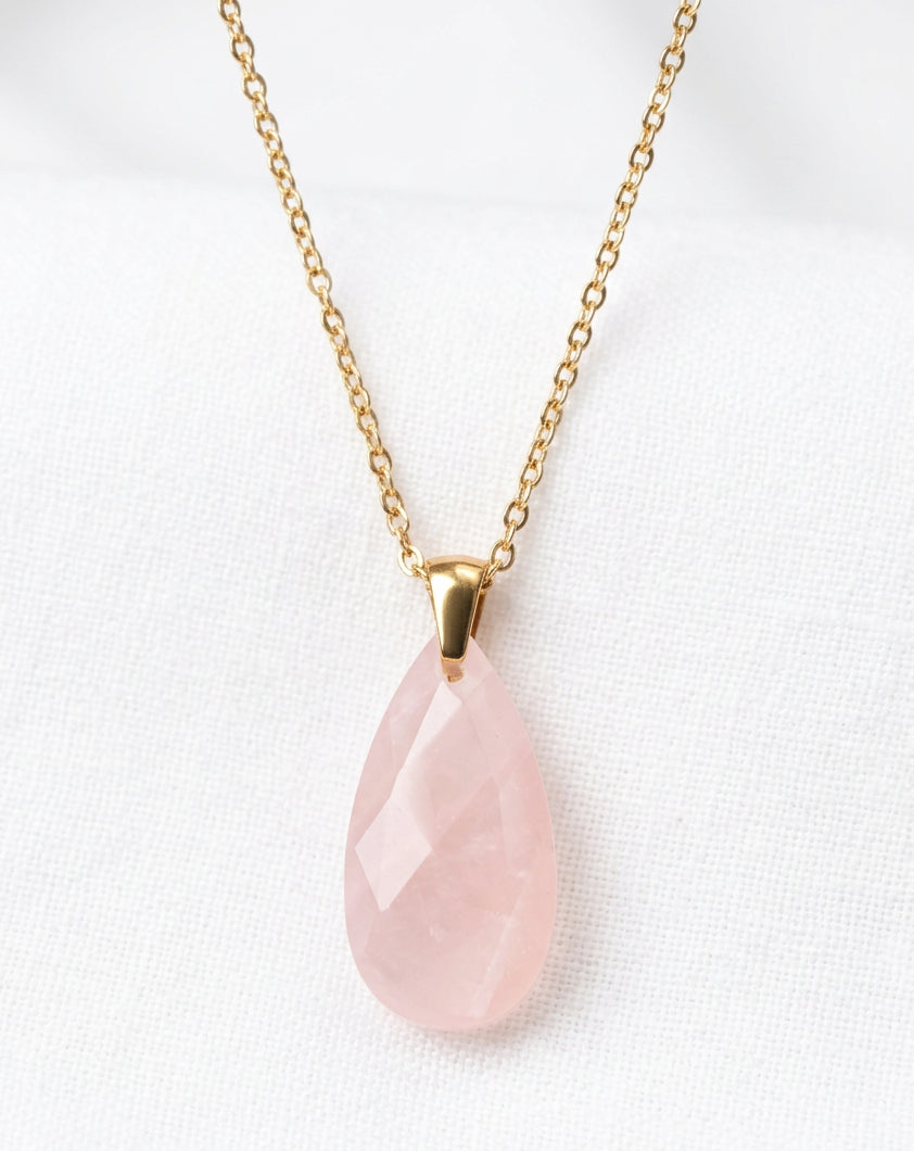 Teardrop Faceted Rose Quartz Necklace | Gold