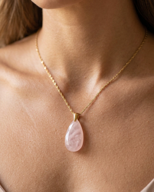 Teardrop Faceted Rose Quartz Necklace | Gold