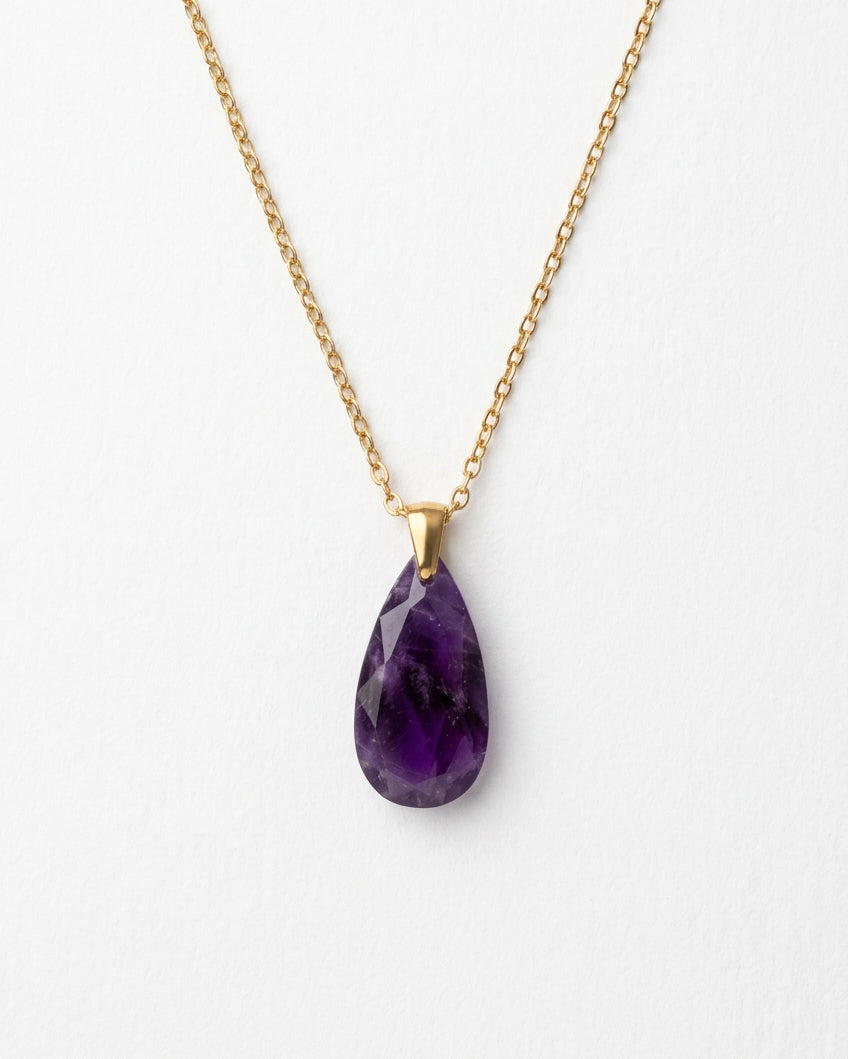 Teardrop Faceted Amethyst Necklace | Gold