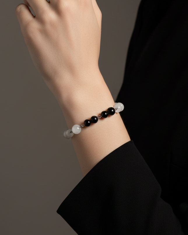 Midnight White Jade and Obsidian Bracelet | Silver