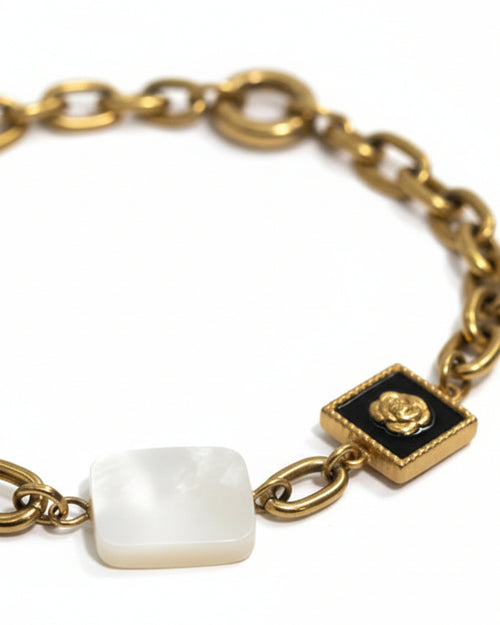 Black Enamel Rose with Mother of Pearl Bracelet | Gold