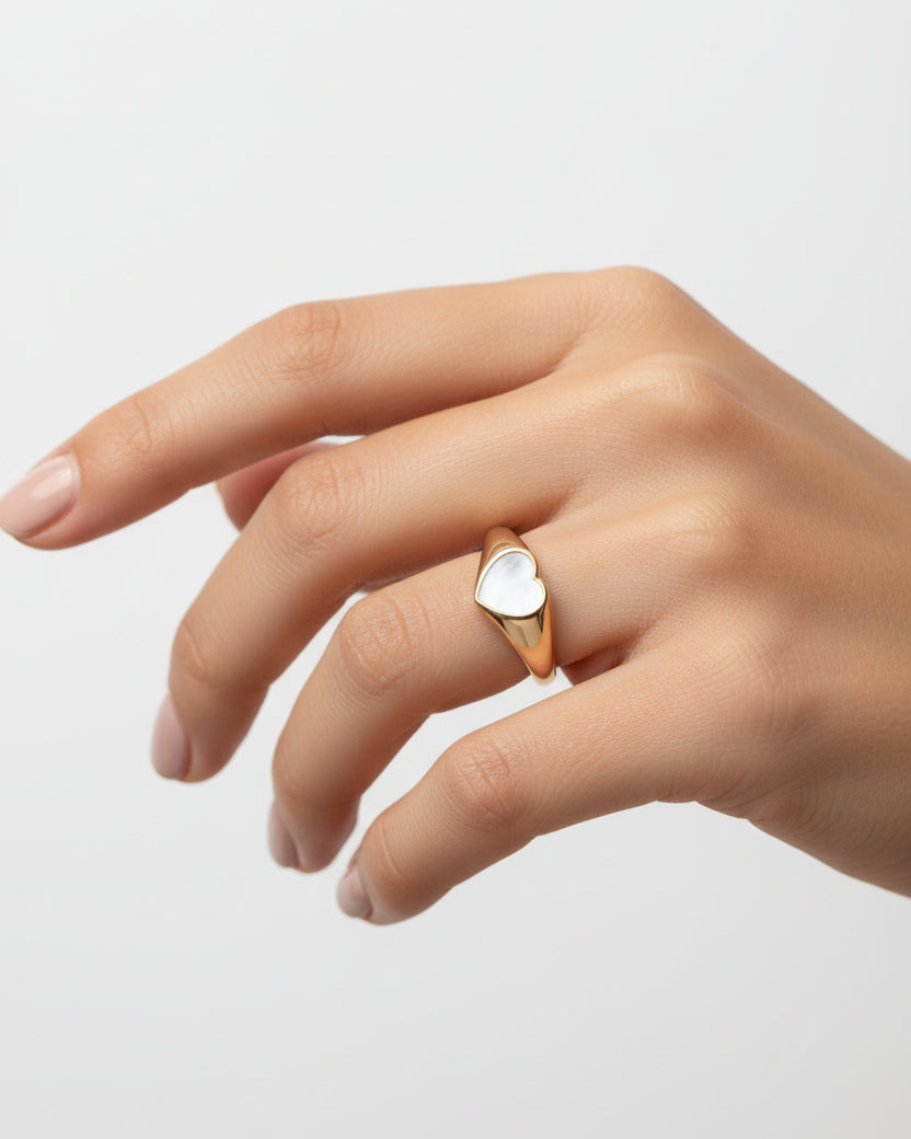 Mother of Pearl Heart Signet Ring | Gold