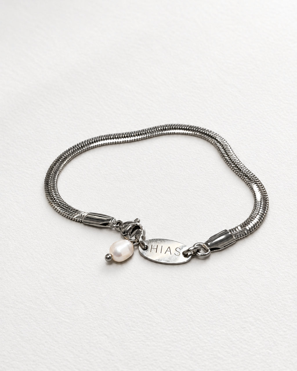 Flat Herringbone Bracelet with Pearl | Silver