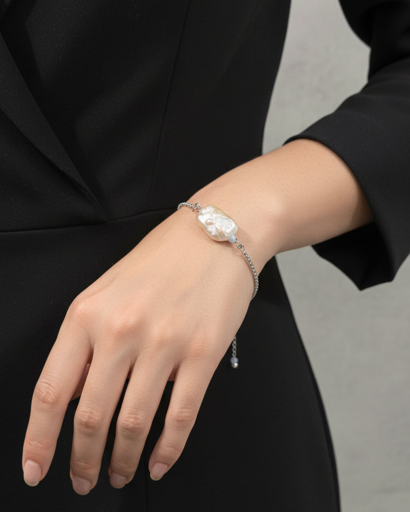 Pink Elongated Freshwater Pearl Slide Bracelet | Silver