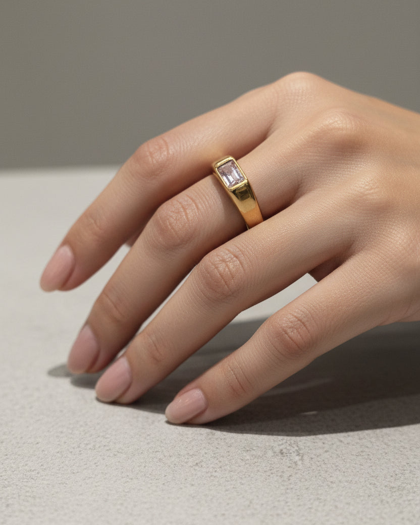 Embun Pink Rectangle Signet Ring | Gold