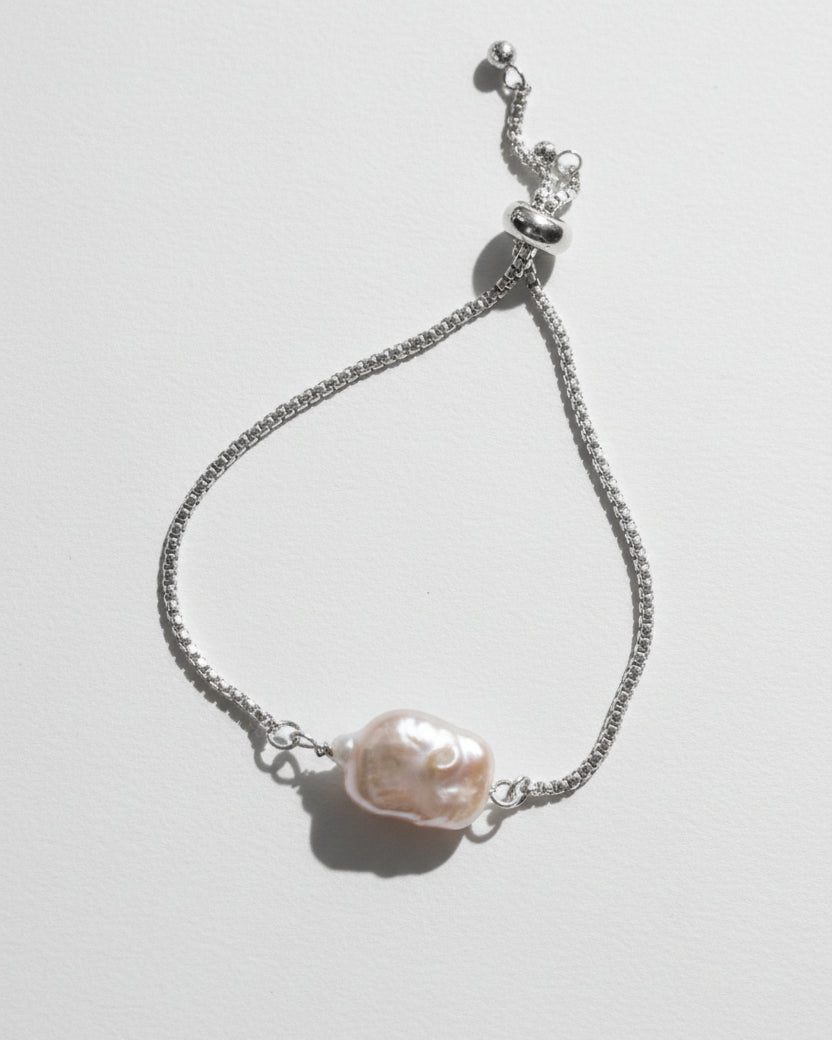 Pink Elongated Freshwater Pearl Slide Bracelet | Silver