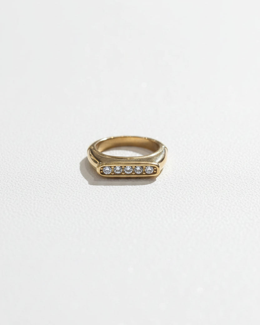 White Zircon Lined Signet Ring | Gold