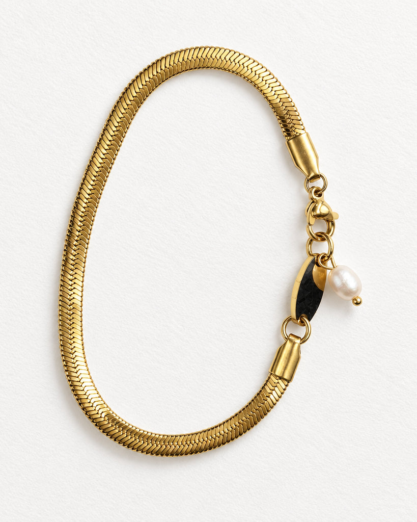 Flat Herringbone Bracelet with Pearl | Gold