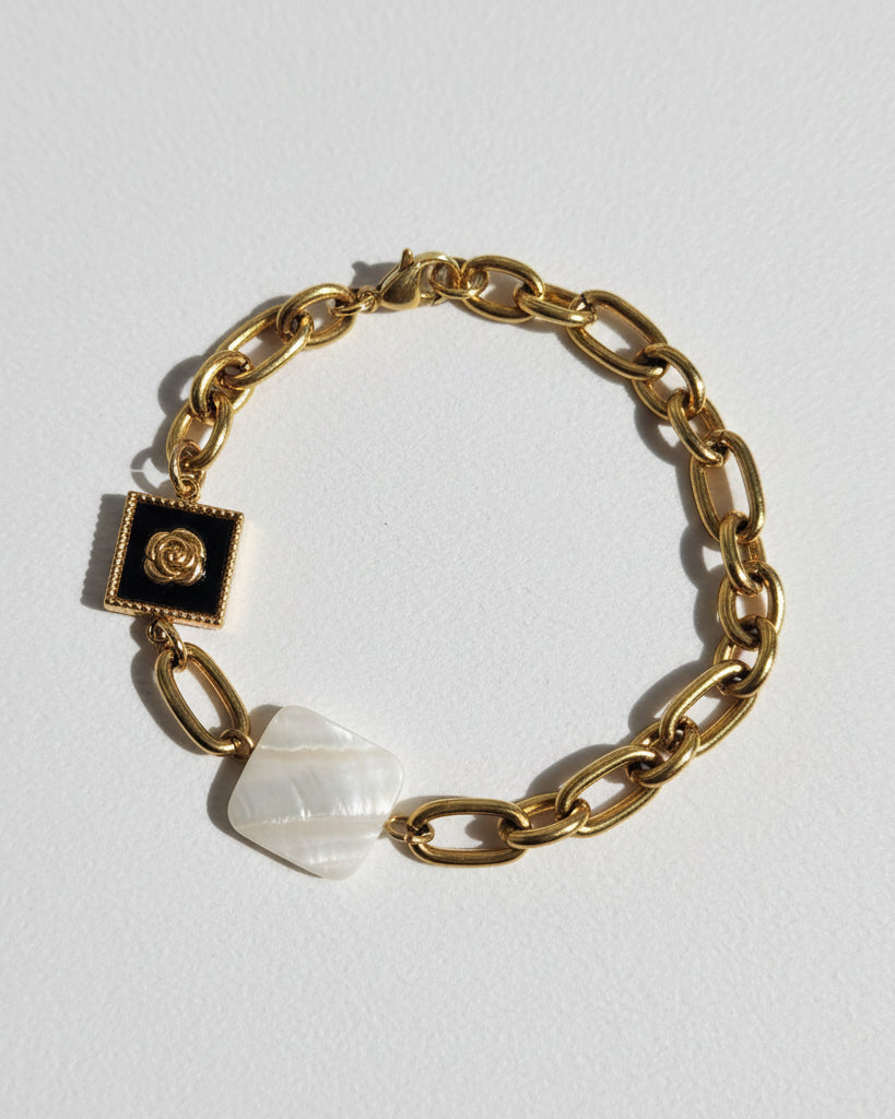 Black Enamel Rose with Mother of Pearl Bracelet | Gold