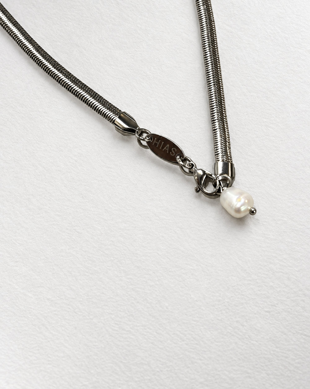 Thick Herringbone Necklace with Pearl | Silver