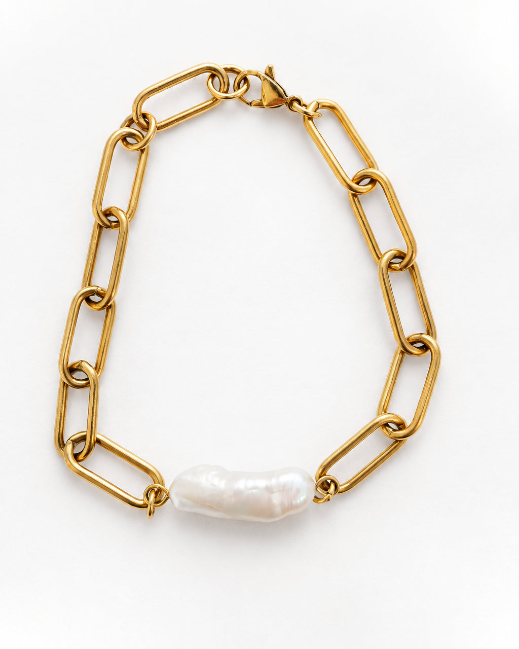 Elongated Pearl Paperclip Bracelet | Gold