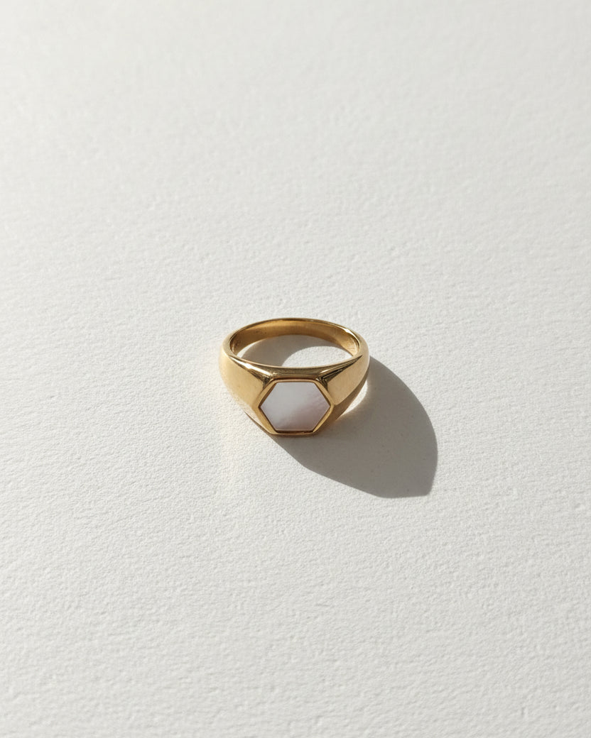 Mother of Pearl Hexagon Signet Ring | Gold