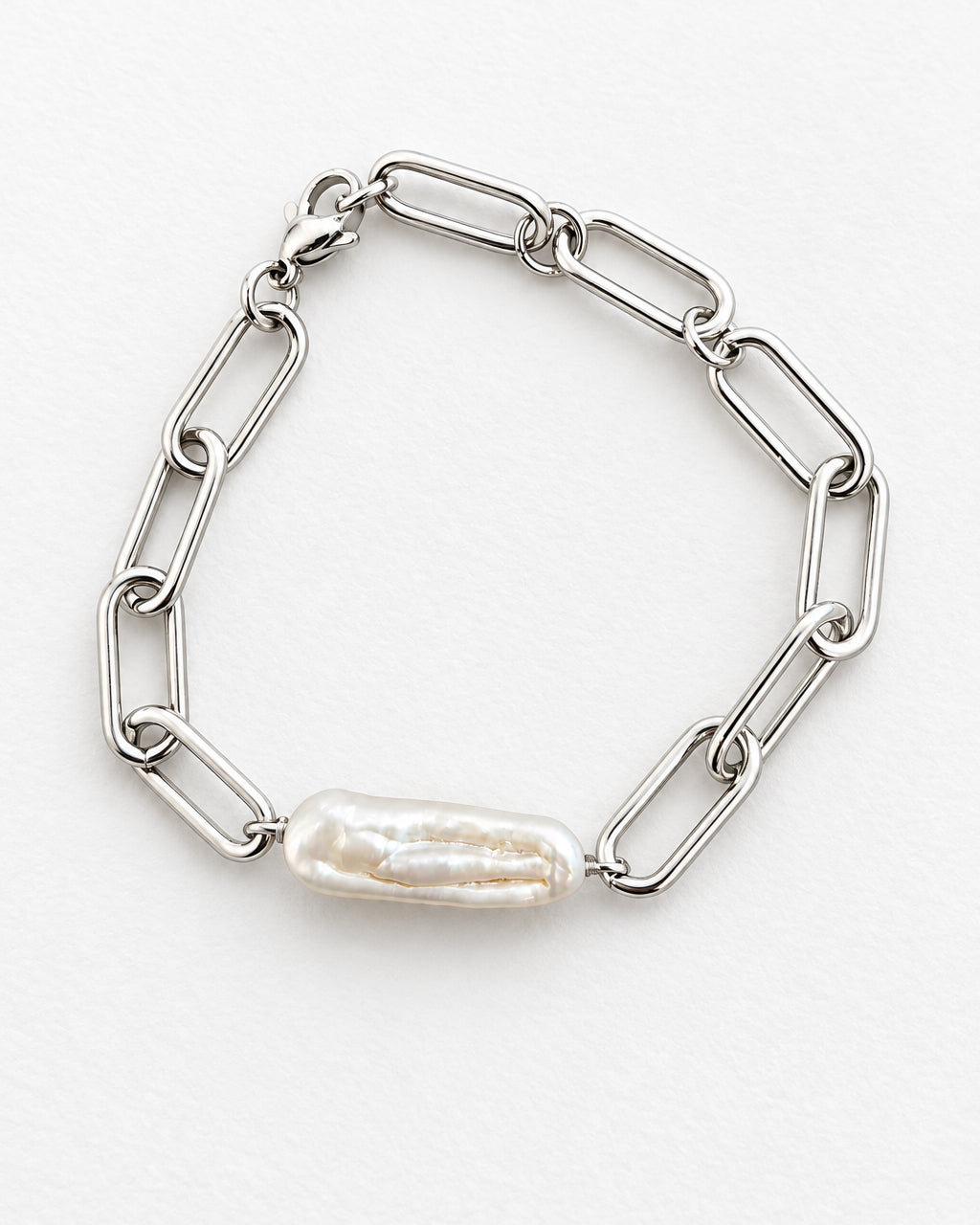 Elongated Pearl Paperclip Bracelet | Silver