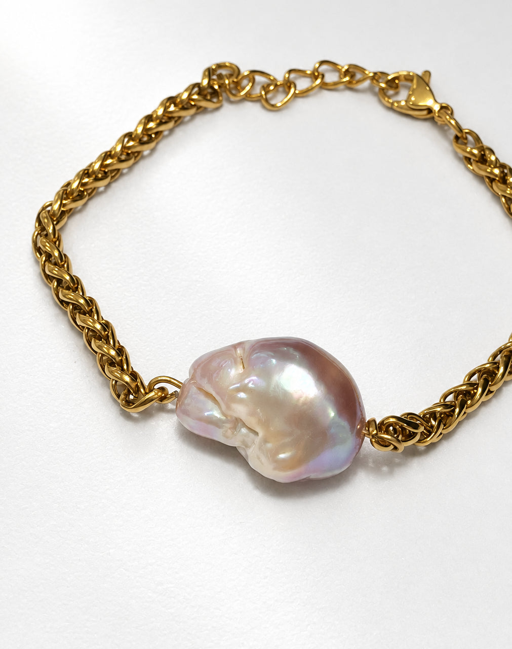 Pink Baroque Pearl with Wheat Chain Bracelet | Gold