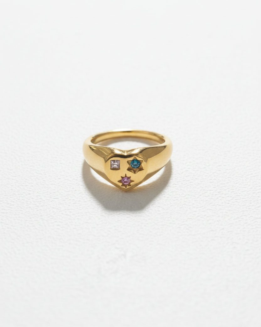 Heart Multicolor Zircon Signet Ring | Gold