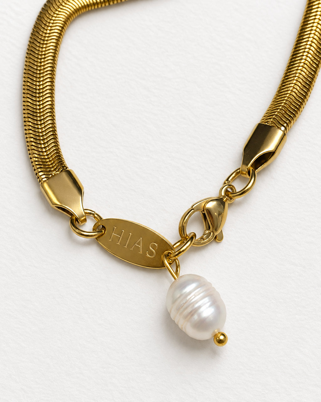Thick Herringbone Bracelet with Pearl | Gold