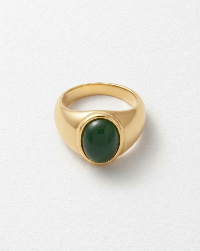 Oval Green Agate Signet Ring |Gold