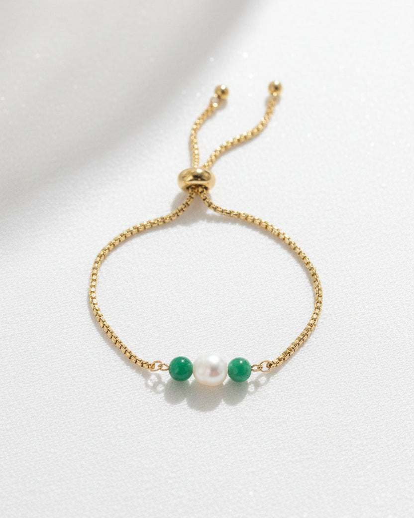 Green Agate with Pearl Bracelet | Gold