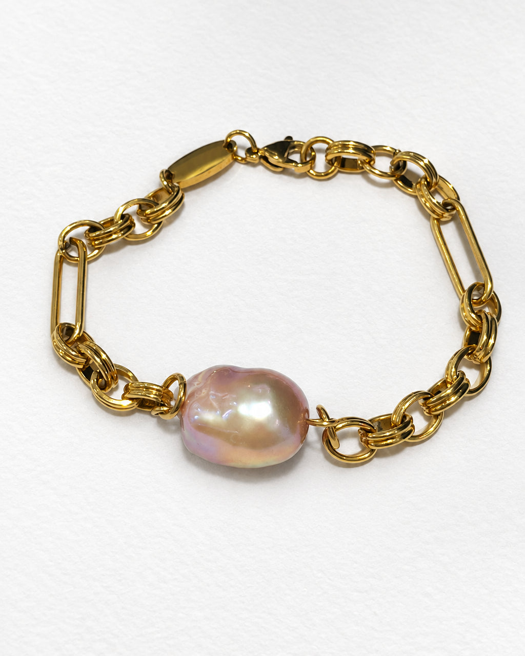 Pink Baroque Pearl with Textured Chain Bracelet | Gold