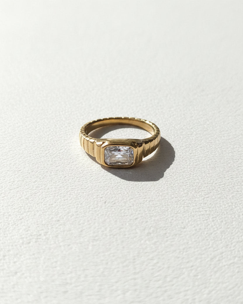 Rectangle Spiral White Signet Ring | Gold