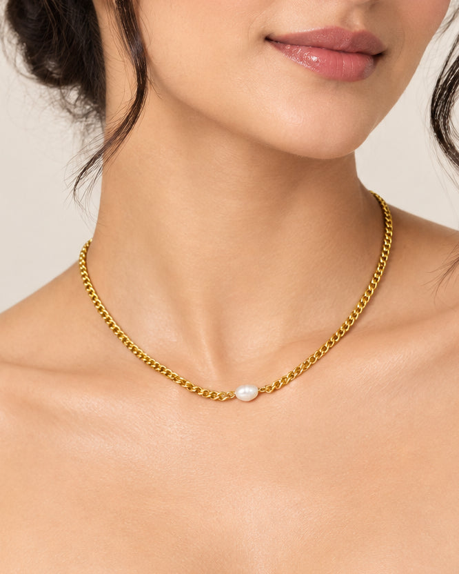 Dainty Pearl Cuban Necklace | Gold