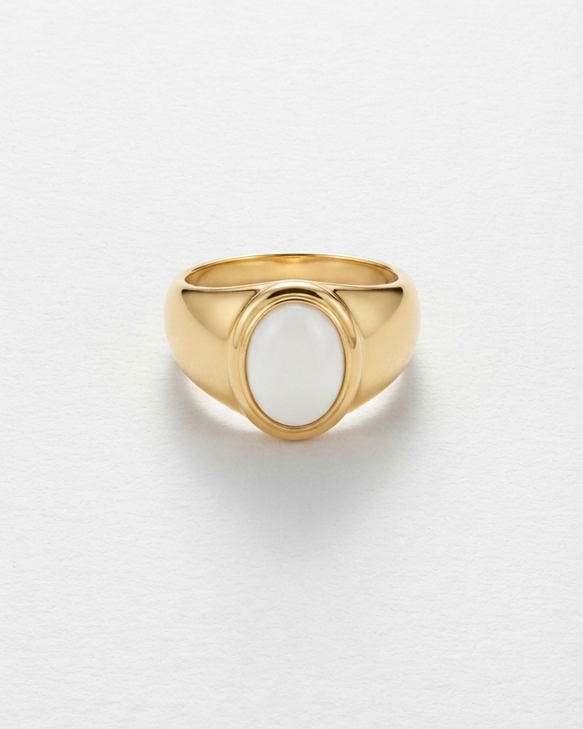 Oval White Jade Signet Ring |Gold