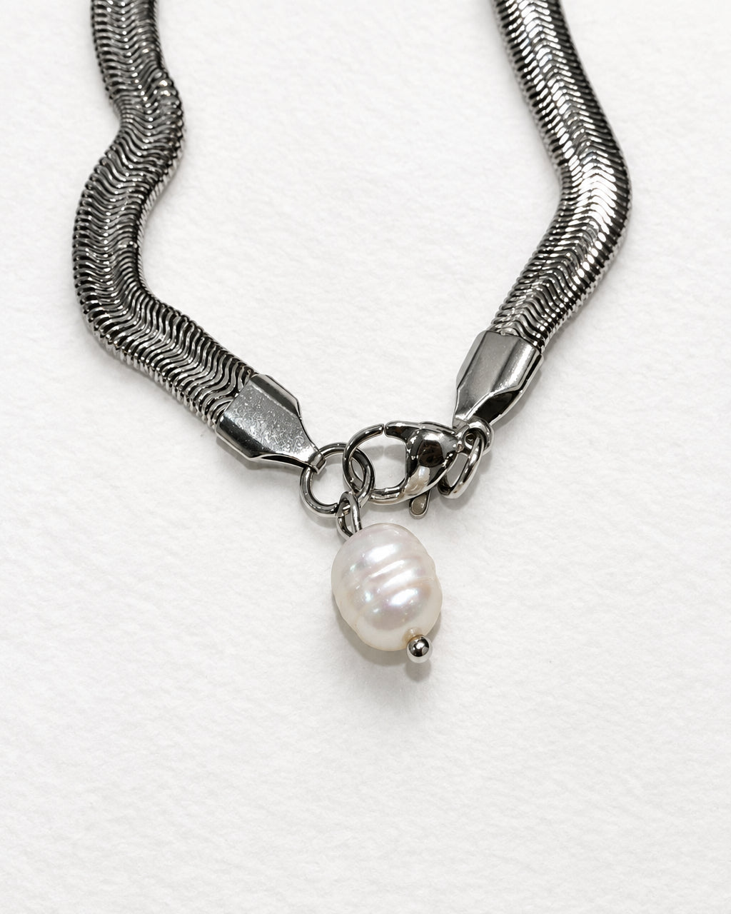 Thick Herringbone Bracelet with Pearl | Silver