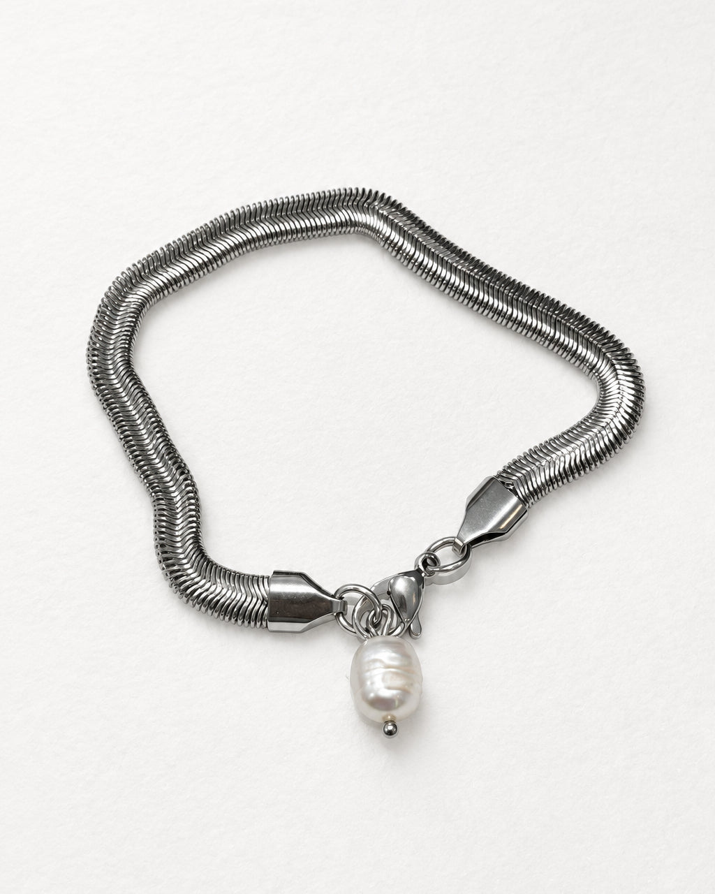 Thick Herringbone Bracelet with Pearl | Silver