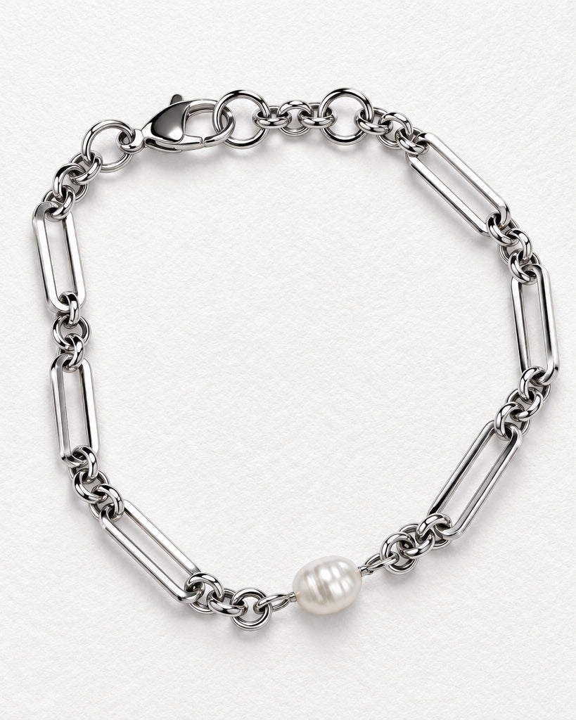 Dainty Pearl Paperclip Link Bracelet | Silver