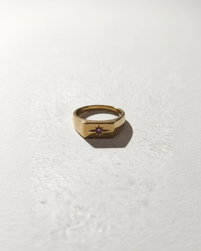Rectangle Star Pink Signet Ring | Gold