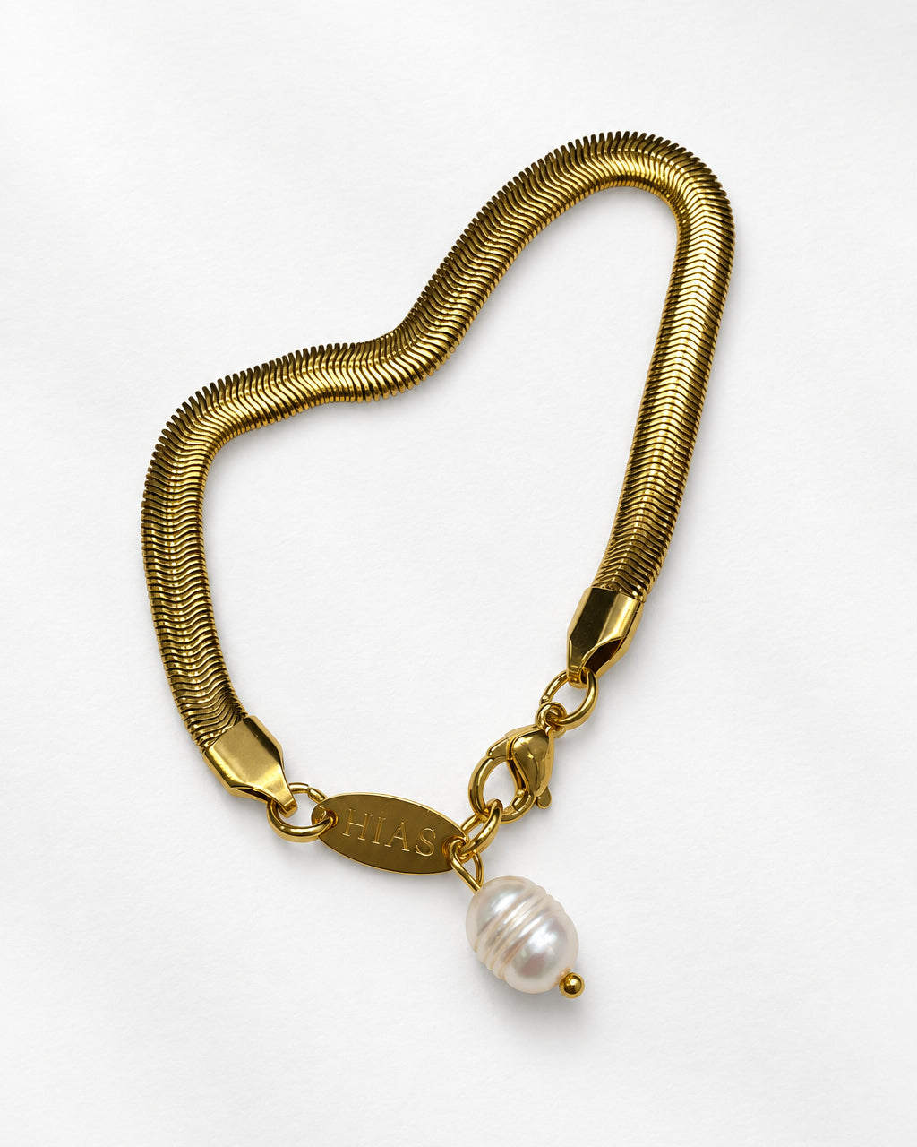 Thick Herringbone Bracelet with Pearl | Gold