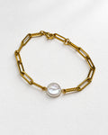 Flat Round Pearl Paperclip Bracelet| Gold