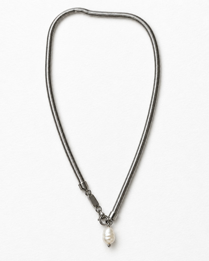 Thick Herringbone Necklace with Pearl | Silver
