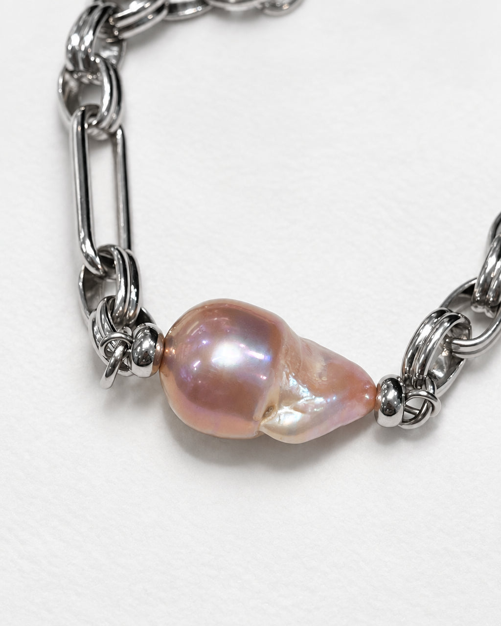 Pink Baroque Pearl with Textured Chain Bracelet | Silver