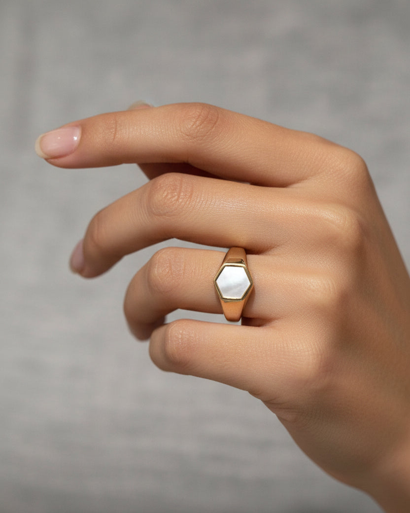 Mother of Pearl Hexagon Signet Ring | Gold