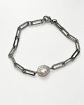 Flat Round Pearl Paperclip Bracelet| Silver