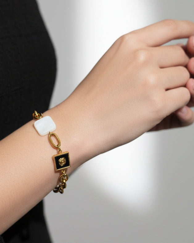 Black Enamel Rose with Mother of Pearl Bracelet | Gold