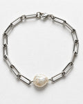 Pearl Flat Round Paperclip Bracelet | Silver