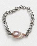 Pink Baroque Pearl with Textured Chain Bracelet | Silver