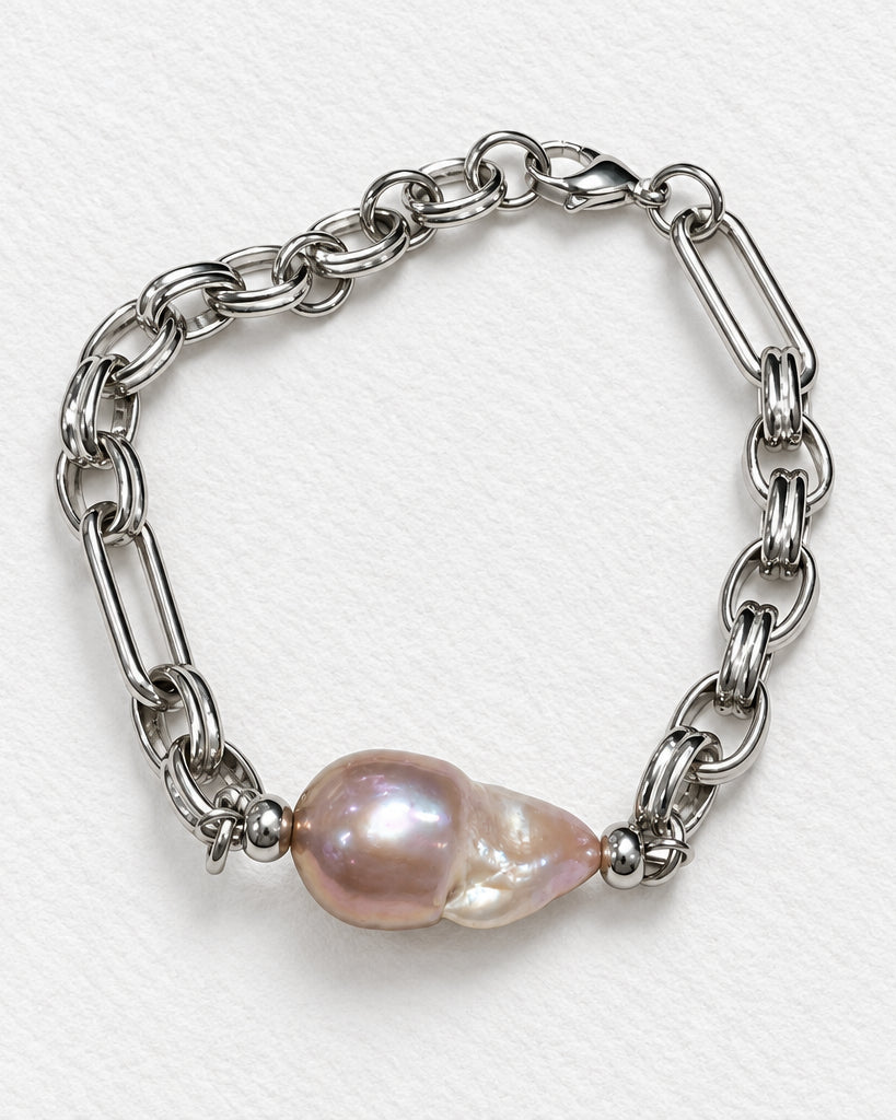 Pink Baroque Pearl with Textured Chain Bracelet | Silver