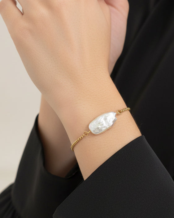 Pink Elongated Freshwater Pearl Slide Bracelet | Gold